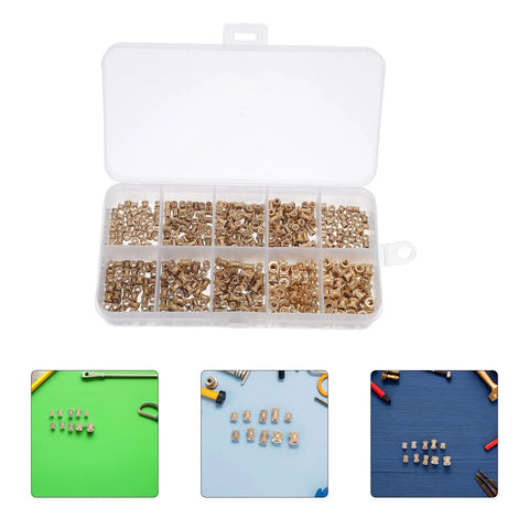 500 Piece Brass Knurled Threaded Nut Insert Kit For Mechanical And DIY Projects Pro Grade Sturdy Brass Embedding Nuts That Prevent Loosening Compatible With Plastic And Metal Parts Organized Storage Case, assorted inserts in case