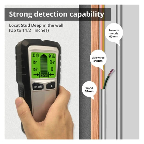 Hella Reliable 4 In 1 Wall Scanner Detector showing detection features for wood, metal, and live wires with green display.