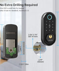 Slick Bluetooth Smart Deadbolt Featuring Quick Fingerprint Access And Touchscreen Keypad Plus Remote App Monitoring For Hassle Free Home Security Setup Black dimensions illustration with keypad and deadbolt specs.