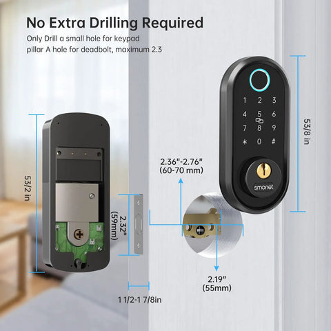 Slick Bluetooth Smart Deadbolt Featuring Quick Fingerprint Access And Touchscreen Keypad Plus Remote App Monitoring For Hassle Free Home Security Setup Black dimensions illustration with keypad and deadbolt specs.