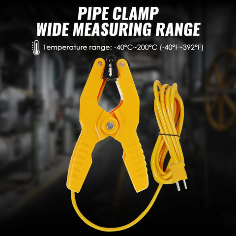 Front view of yellow pipe-clamp thermometer with K-type thermocouple probe and long coiled lead