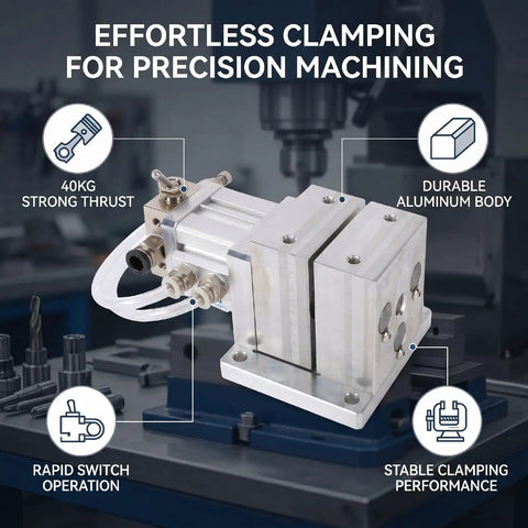 Pneumatic Clamp Workholding Fixture For CNC Machining With Automatic Loadin And Unloadin, 40kg Holding Force At 0.5 MPa, Compact Vise For Fast, Secure Workpiece Clamping In Any Shop. Compact aluminum pneumatic clamp fixture on CNC machine table