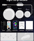 Smart 9 Piece LED DIY Constellation Light Kit With RGB Color Changing showing size and control details with app and remote.