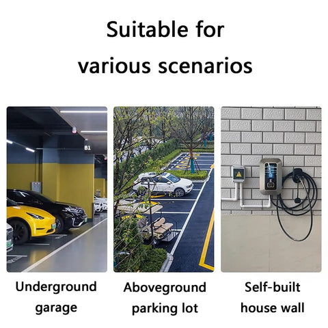 Built Like A Tank Wall Mounted EV Charger Case Weatherproof Steel Cover in underground garage scene with parked cars.