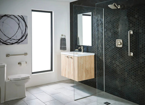 Oil-Rubbed Bronze 18-Inch Stainless Steel Bathroom Grab Bar For Safety And Accessibility next to shower on dark tiled wall