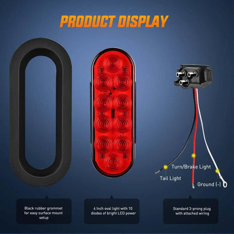 Six Inch Oval Trailer Tail Light Kit With Red And White 10 LED Per Light 6 Pack Flush Mount Grommets And Plugs IP67 Waterproof