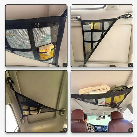 Sturdy Ceiling Cargo Net For Dodge Challenger 2015 Through 2020 showing heavy duty polyester mesh organizing luggage overhead.