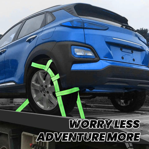 Tow Dolly Basket Harness 2 Pack securing green nets on SUV tires, fits 14 to 19 inch rims, heavy duty, industrial grade.
