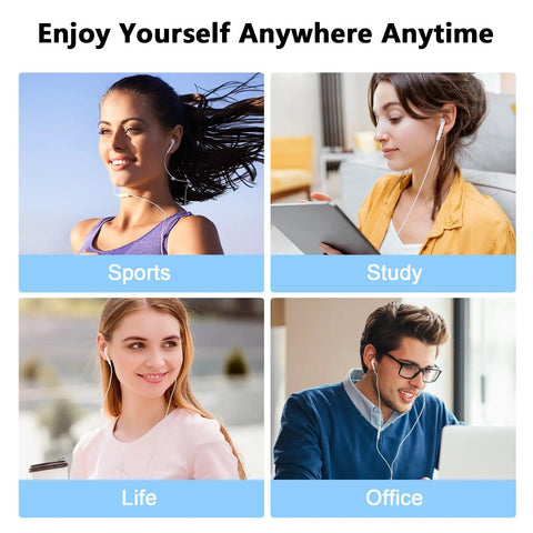 Two Pack Premium USB C Wired Earbuds Featuring A Built In DAC Chip And Tangle Free Four Foot Cord For Smartphones, showcased in various lifestyle settings.