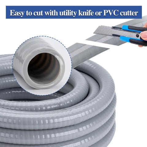 Cutting utility knife slicing Half Inch 10 Ft Non Metallic Liquid Tight Flexible Conduit Kit with Straight and 90 Degree Fittings.