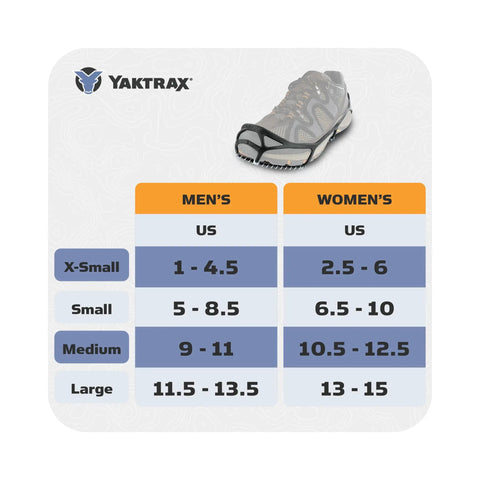 Size chart for Top Shelf Snow And Ice Walking Traction Cleats Slip On Nonslip Shoe Covers, men and women sizes.