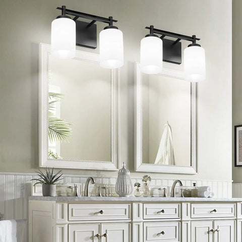 Two Light Black Vanity Sconces, Dope Industrial Style Bathroom Lighting Fixture With Milky Glass Shades, over double vanity