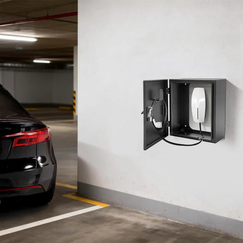 Hella Tough Wall Mounted EV Charger Outdoor Enclosure Rugged Weatherproof Protection Shell in black garage setting.