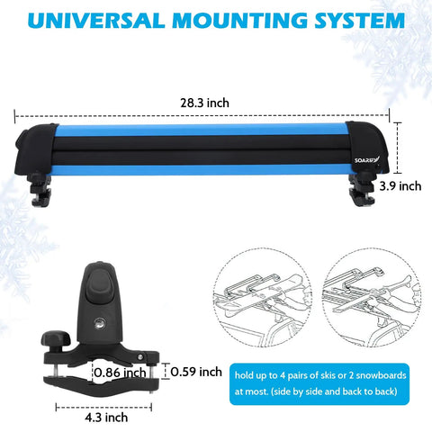 Heavy Duty Aluminum Roof Ski Rack With Secure Strap Carrier For Skis Snowboards And Paddleboards Universal Crossbar Fit dimensions and mounting system.