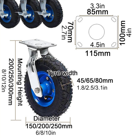 Heavy Duty Air Filled Rubber Swivel Casters Loaded With Rock Solid Industrial Trolley Wheels Featuring Grippy Lock Brakes For Workshop Carts And Shelving Units 2 Pack with detailed measurements.