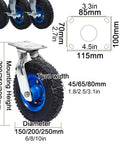 Swivel Caster Wheels With Inflatable Rubber Tires For Industrial Carts And Workbenches Built Tough 3.3in size with blue rims.