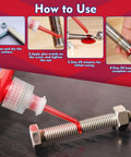 Application process of red thread locker for metal fasteners, showing adhesive sealing threads to prevent loosening and leaks.