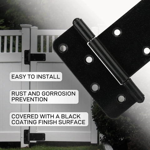 6 Inch Heavy Duty Gate Hinges 280 Lbs Capacity Black 4 Pack With Screws Included on white outdoor gate close-up