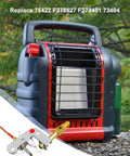 Propane heater front view with red base and gray body, black grille, propane tank visible nearby.