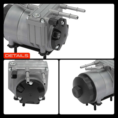 Top Tier Fuel Pump And Filter Assembly For Ford 6.0L Power Stroke Diesel angle showing fittings and structure details.