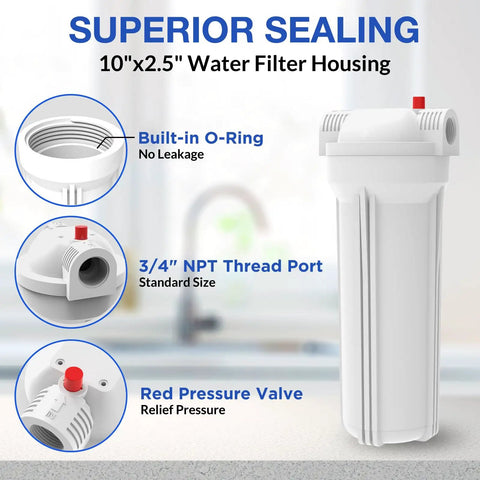Whole House Water Filter Housing Inline 10 Inch Sediment Filter With 3/4 Inch NPT Inlet Outlet Heavy Duty Steel Mounting Bracket