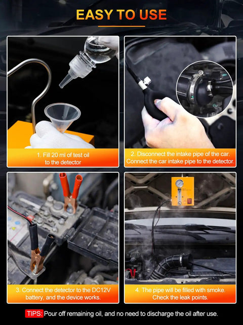 Image showing steps to use the Top Tier Automotive Smoke Machine Leak Detector with heavy duty air pump and gauge.