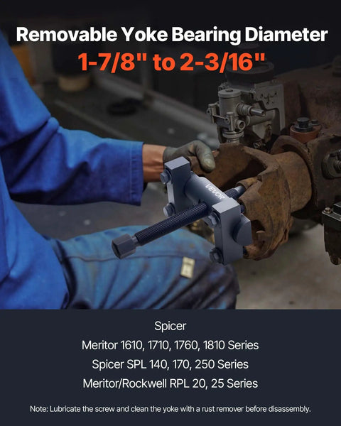 Mechanic using Beefed-Up Heavy Duty Yoke Puller Kit For Class 6-8 Trucks And Equipment on a drive shaft in workshop