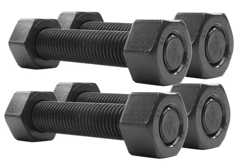 Angled view of two 5-inch black oxide all-thread studs with hex nuts on both ends (four nuts)