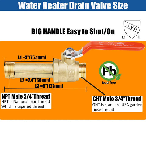 Lead Free Brass Water Heater Drain Valve With Three Quarter Inch MIP To Three Quarter Inch Male GHT Connection Full Port High Flow Up To 250 PSI with red handle and size details.