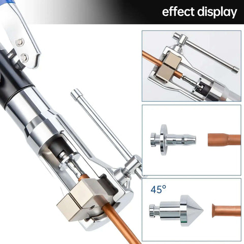Pro Grade Handheld Hydraulic Flaring Tool Kit For 3/16 To 7/8 Inch Copper Tubing with Swaging Tools shown in use
