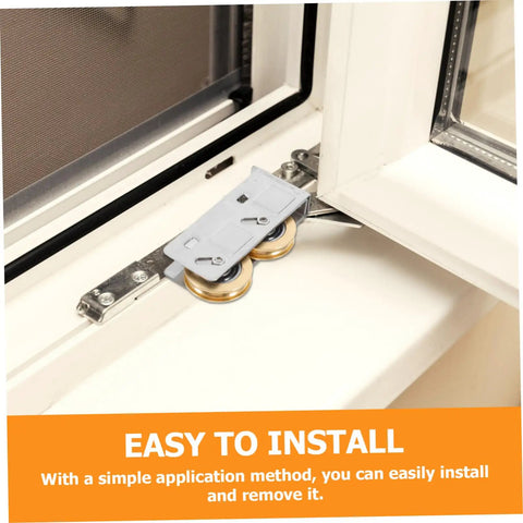Get Your Track Setup Running Like Butter With These Heavy Duty Sliding Door And Window Pulleys Crafted From Premium Stainless Steel And Fitted With Dual Copper Wheels For Effortless Everyday Glide, showing pulleys in a window.
