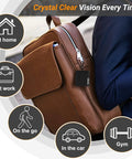 Brown leather backpack with black microfiber glasses-cleaner keychain clipped to zipper.