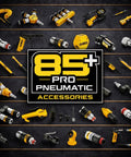 85+ Pro Pneumatic Accessories display including various nozzles, hoses, and connectors on a black background.