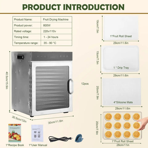 Stainless Steel Electric Food Dehydrator With 12 Trays features 800W power, digital timer, and accessories for fruit drying.