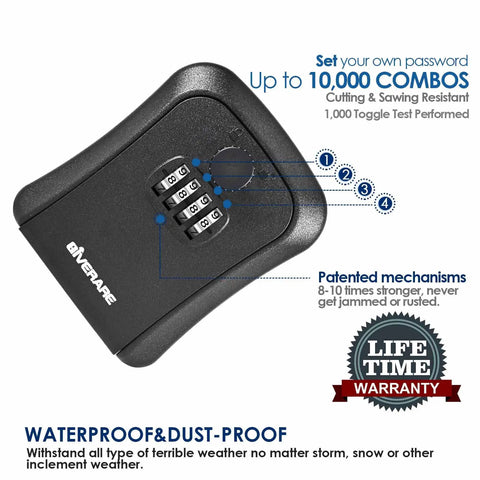 Heavy Duty 2 Pack Wall Mount Key Lock Box With 4 Digit Combination Code Tough As Nails Waterproof Outdoor Key Hider For Secure House Keys Built Rock Solid With Mounting Kit No Hassle Setup Black close-up of combination lock and features
