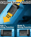 Close-up of 2-speed torque control switch on Tough As Nails Two In One Cordless Drill And Cement Mixing Tool With Two Speed Torque Control One Eighty Degree Rotatable Chuck Led Work Light Blue Battery Powered Design.