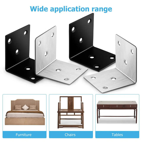 Heavy Duty Right Angle Corner Brackets With Screws For Drawer Repair And Furniture Fixes Solid Steel Corner Braces showing black and silver L brackets for furniture.