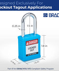 Image of a Blue Safety Lockout Padlock with OSHA compliance details, featuring a steel shackle and danger tag, by Brady.