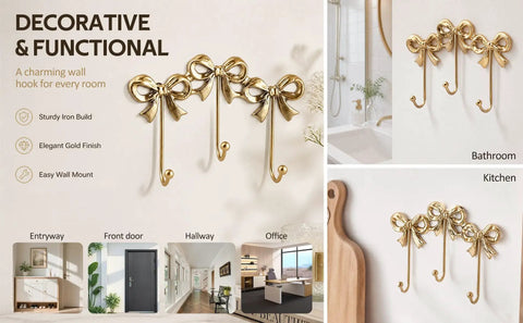 Heavy Duty Gold Bow Knot Wall Hooks Dope Brass Triple Coat Hanger Badass Metal Door Organizer Premium Weight solid built for entryway.