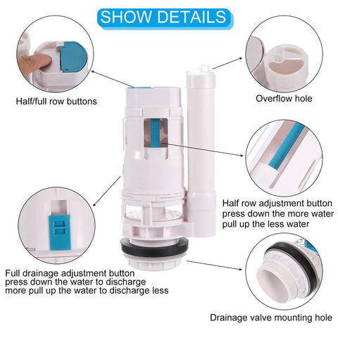 Premium Dual Flush Valve With Split Push Button For Toilet Bottom Fill Valve Water Saving Replacement Parts 2 Inch white valve with adjustment features.