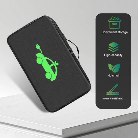 Portable Electric Vehicle Charger Cable Organizer Bag Featuring Slick Glide Zipper And Water Resistant Oxford Fabric To Keep Your Cords Tidy Protected And Totally Job Ready For Any Urban Commute, shown in black with green car design.