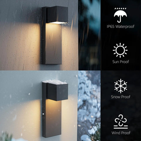 Two Pack Modern Outdoor Wall Sconces Delivering Smooth 3000K Warm White Glow Plus Rock Solid IP65 Waterproof Aluminum Construction That Goes Tough For Porch Patio Front Door Or Garage Hardwired Exterior Lighting Fixtures Matte Black with water and snow.