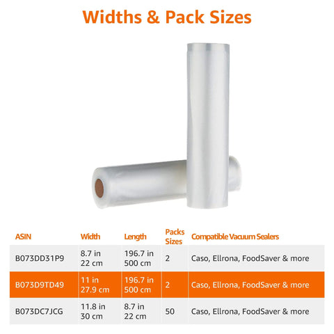 White Vacuum Sealer Bag Rolls Two Pack Heavy Duty Food Storage Compatible With Any Machine Hella Durable And Straight Up Essential For Freezer Safe Food Prep, showing sizes and compatible sealers.