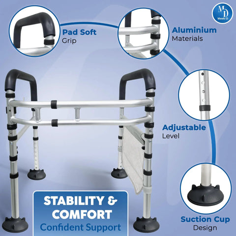 Premium Toilet Safety Rails For Aging Adults And Rehab Users Offers No Sweat Setup With Traction Handholds And Beefy Steel Tubing Folds Quick For Clutter Free Baths Bears Up To Three Hundred Fifty Pounds Without Breaking A Sweat - close-up of adjustable aluminum frame with soft grips.