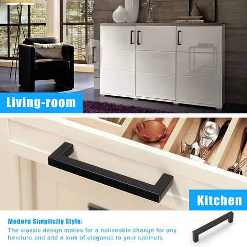 Heavy Duty Matte Black Cabinet Pulls Five Inch Center To Center Square Stainless Steel Handles Thirty Pack on kitchen drawer.