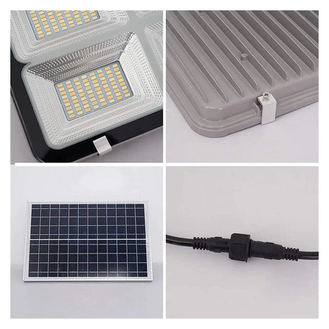 Close-up of Badass Outdoor Solar Security Flood Lights With Remote Control And Adjustable Bracket, detailing LED panel and solar connector.
