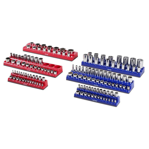 Top Tier Magnetic Socket Organizer Set Featuring Six Heavy Duty Holder Trays holding deep sockets in red and blue trays.