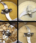 Electric Grain Mill With Stainless Steel Grinder showing blades crushing grains and beans, heavy duty crusher for farm and home use.
