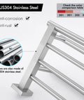 Close-up of SUS304 stainless steel rustproof double towel rack with 23.3 inch wall mount shelf and screws, anti-rust feature.