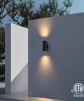 Modern Two Pack Matte Black Outdoor Wall Sconces with Aluminum Rectangular Tube on exterior wall, IP65 Weatherproof ETL Listed